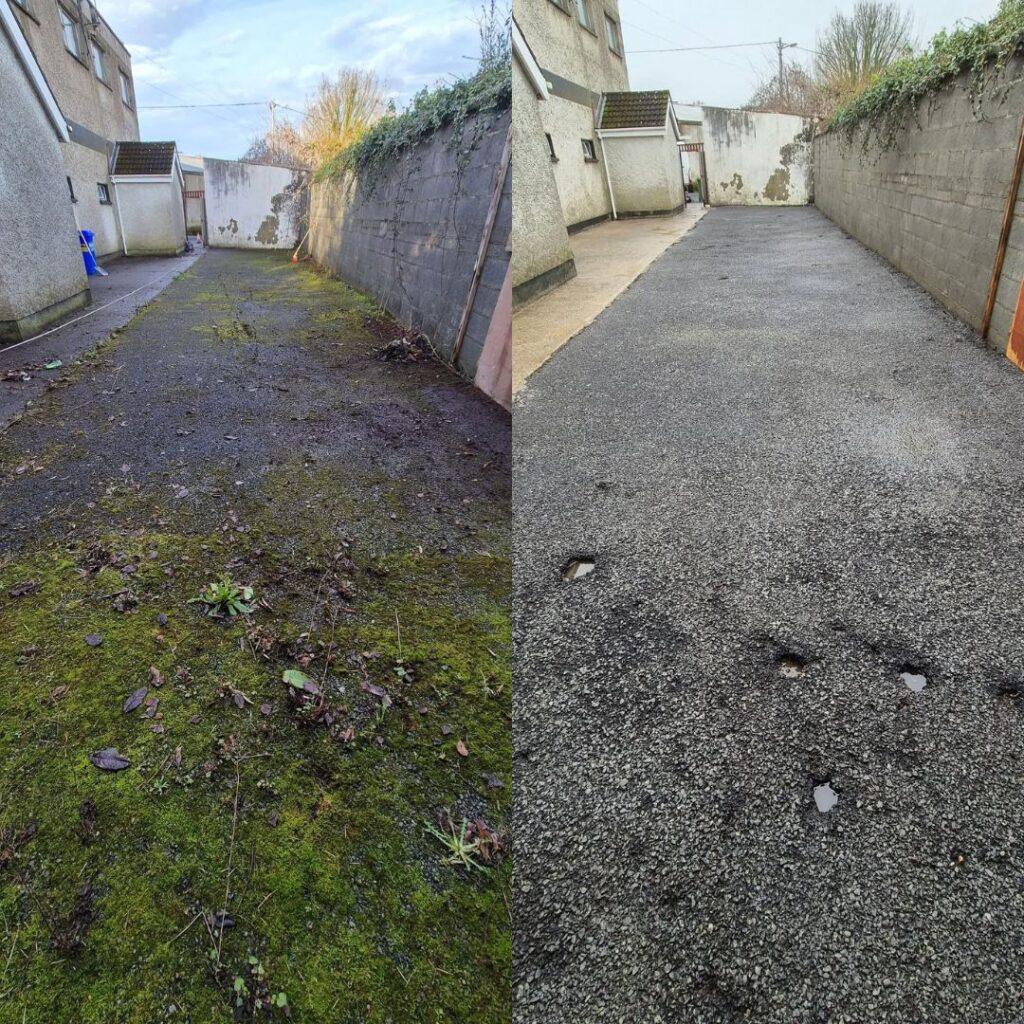 Photo of driveway in Clare showing heavy moss before cleaning and removal of moss after cleaning