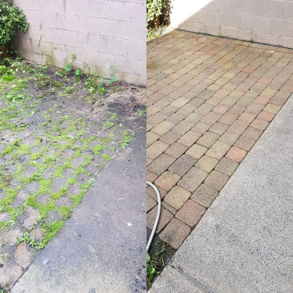 Before and after if a patio cleaned in County Clare